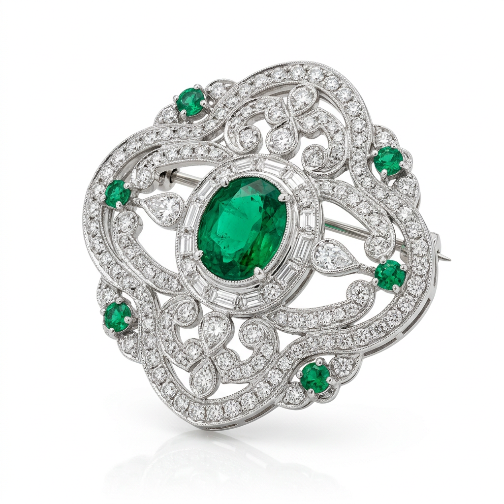 Broche platina diamante esmeralda Vivalux
