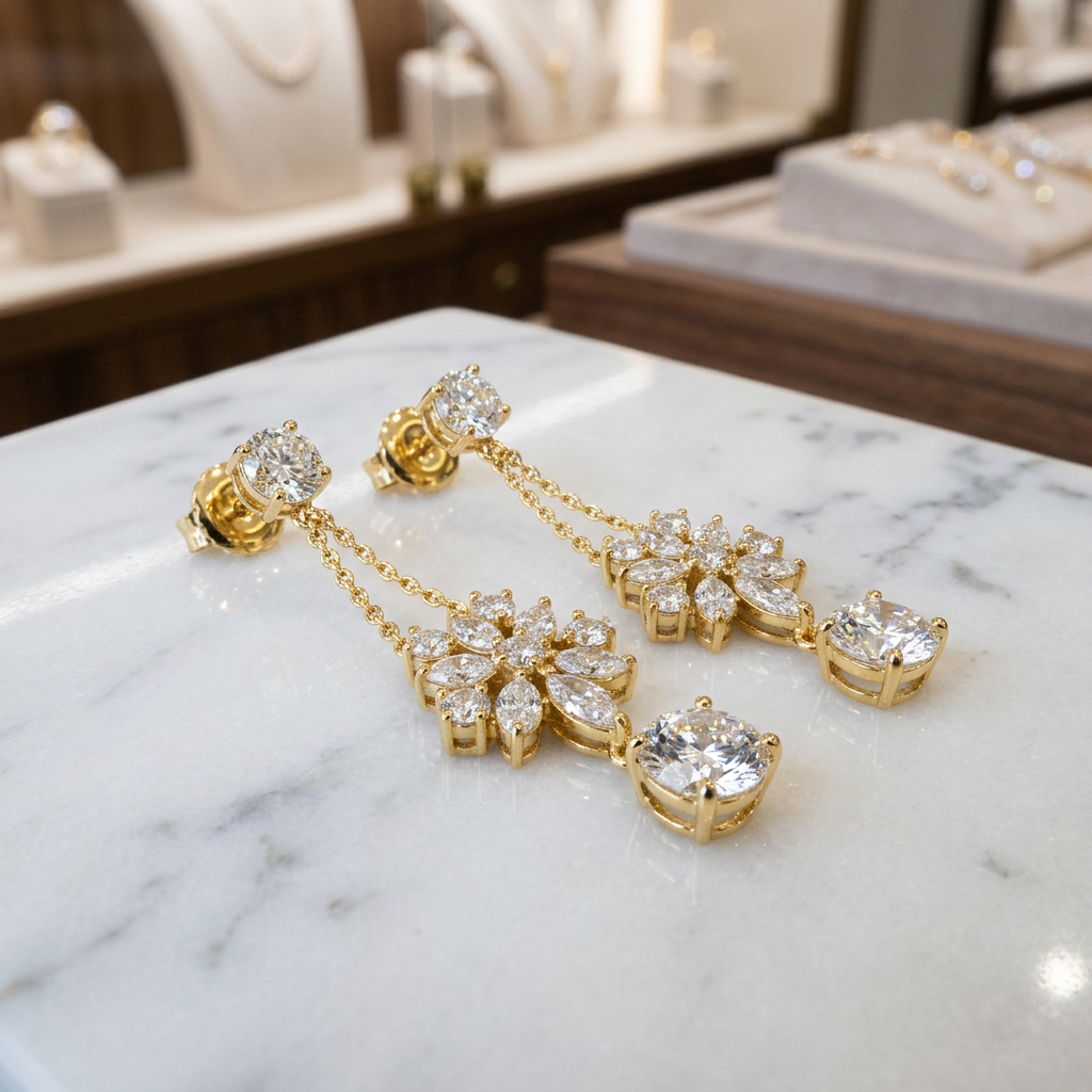Brincos drop diamante ouro Vivalux