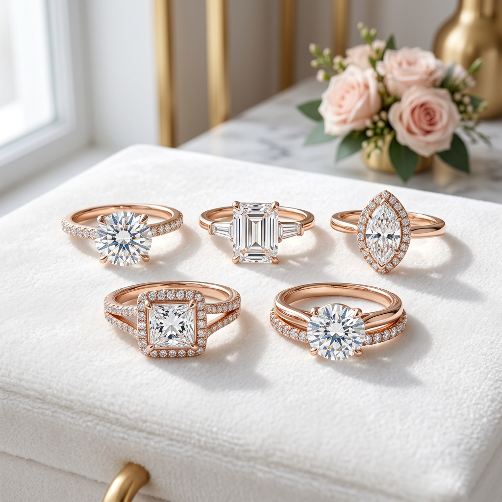 Coleção de anéis de noivado Vivalux em ouro rosé e diamantes